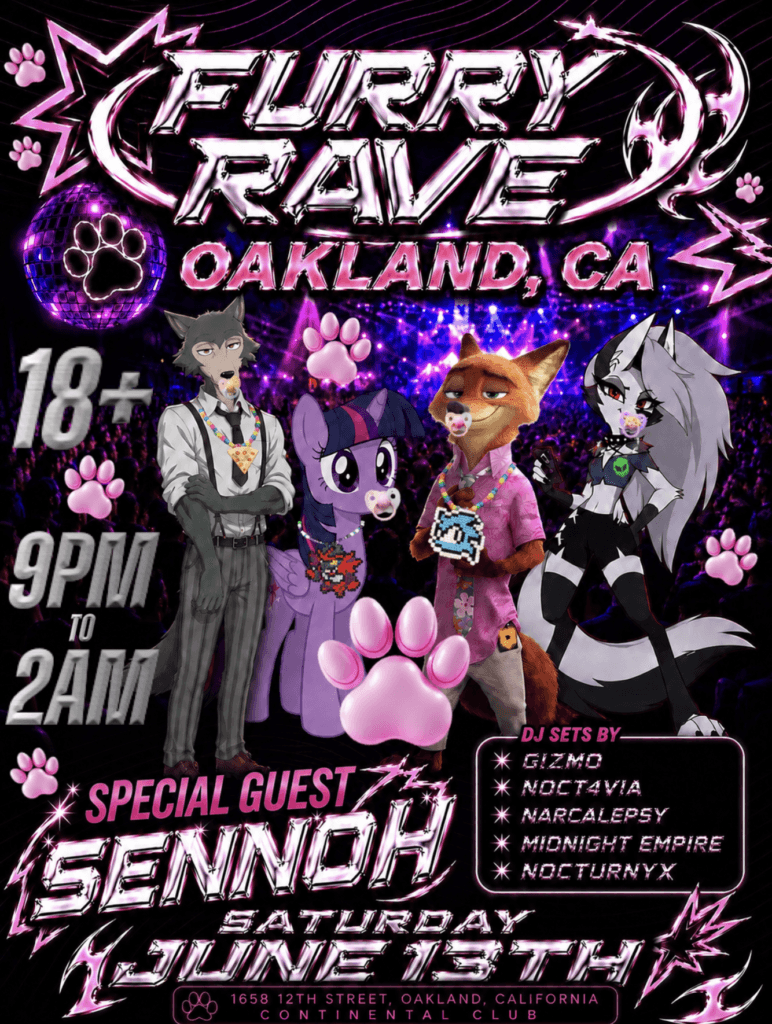 Furry Rave Oakland 18+ event flyer at Continental Club featuring special guest Sennoh, DJ sets by Gizmo, Noctavia, Narcalepsey, Midnight Empire, and Nocturnyx on Saturday, June 13th from 9PM to 2AM.