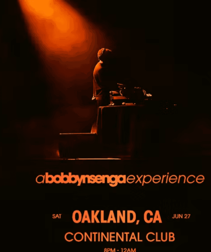 Flyer for the Abodbynsenga Experience at Continental Club in Oakland, CA on Saturday, June 27, from 8 PM to 12 AM, featuring a DJ under orange stage lighting.