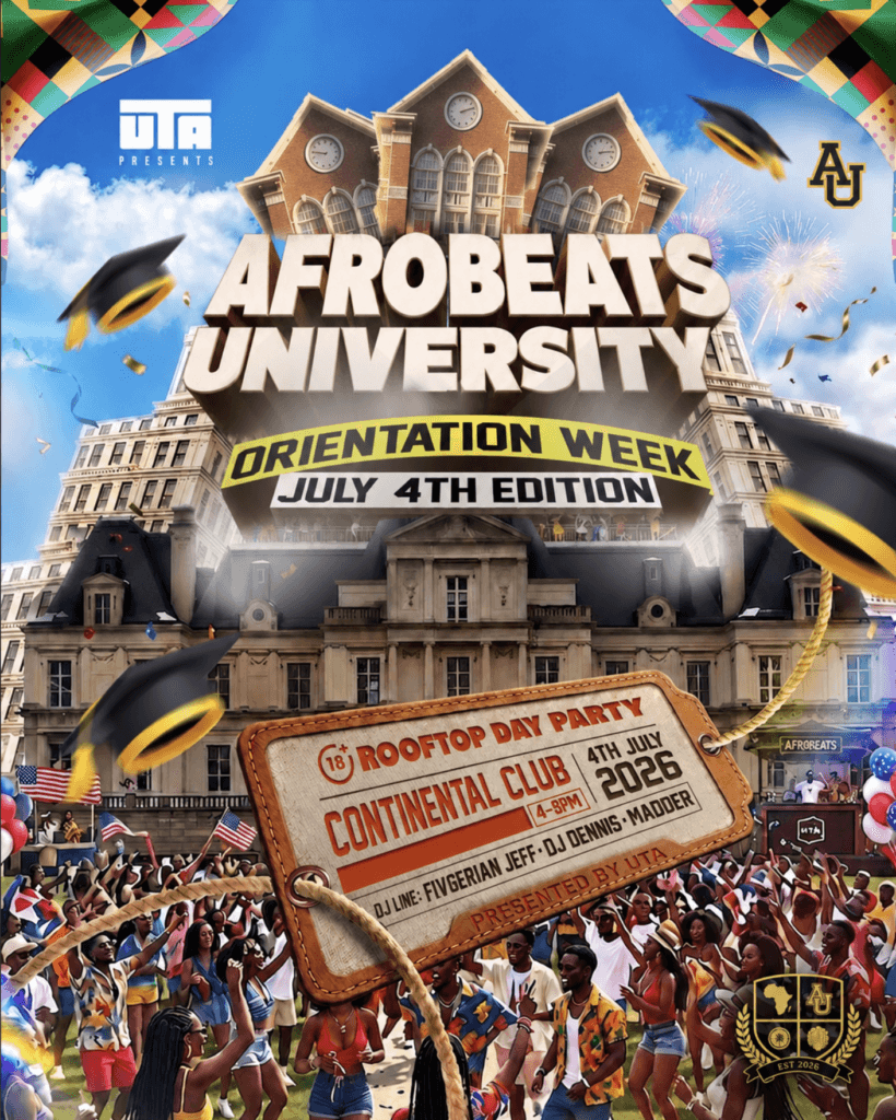 Afrobeats University Orientation Week July 4th rooftop day party flyer at Continental Club in Oakland, featuring Afrobeats, Amapiano, Hip-Hop, and Dancehall.